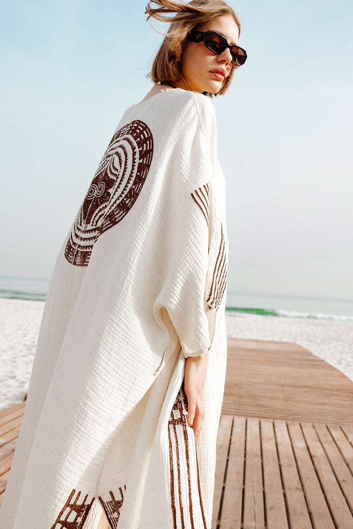 Crinkle Brown Printed Kimono
