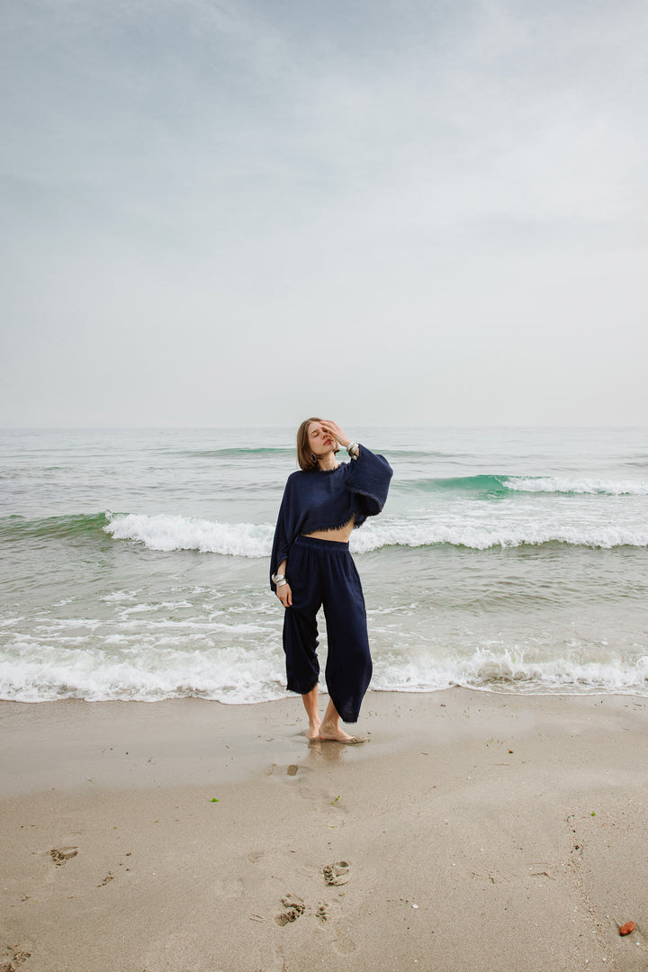 Linen Navy Crop Blouse
