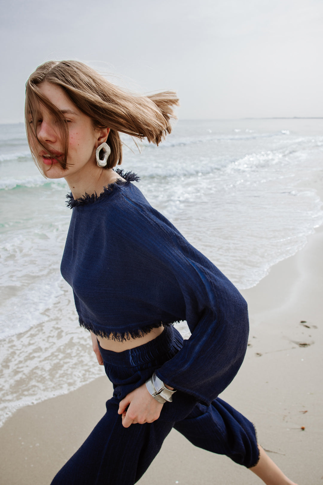 Linen Navy Crop Blouse