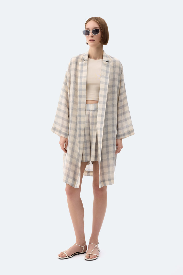 Grey Plaid Kimono-Style Jacket