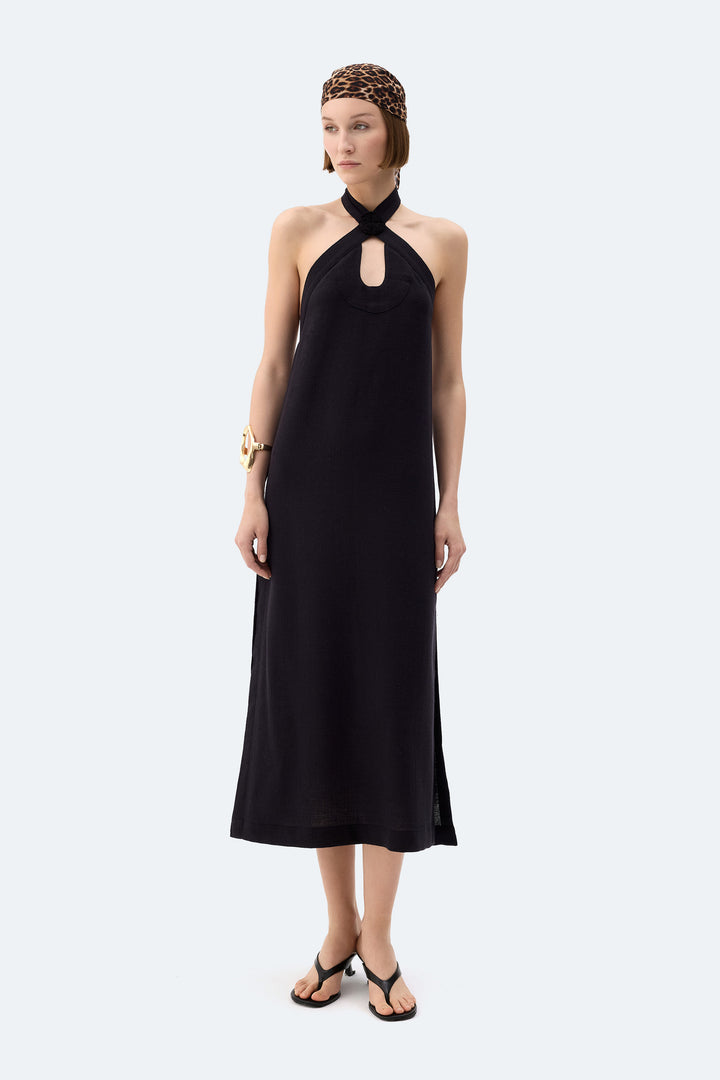 Black Linen Halter Neck Dress