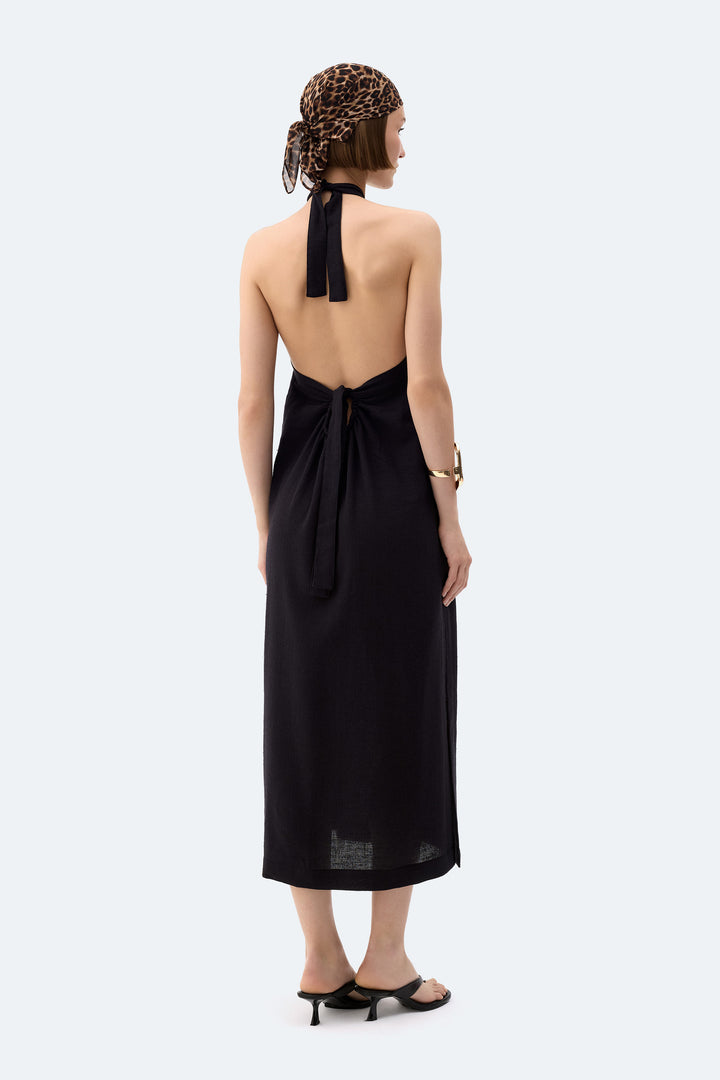 Black Linen Halter Neck Dress