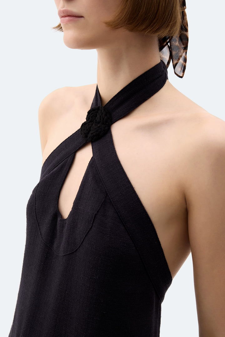 Black Linen Halter Neck Dress