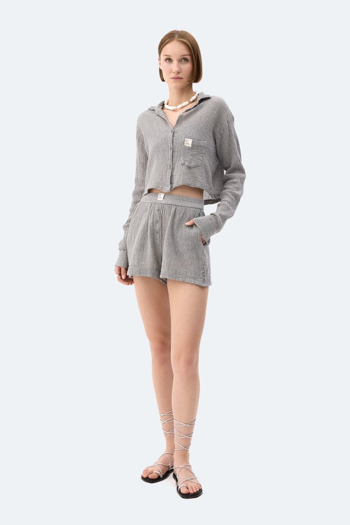 Gray Crinkle Crop Shirt