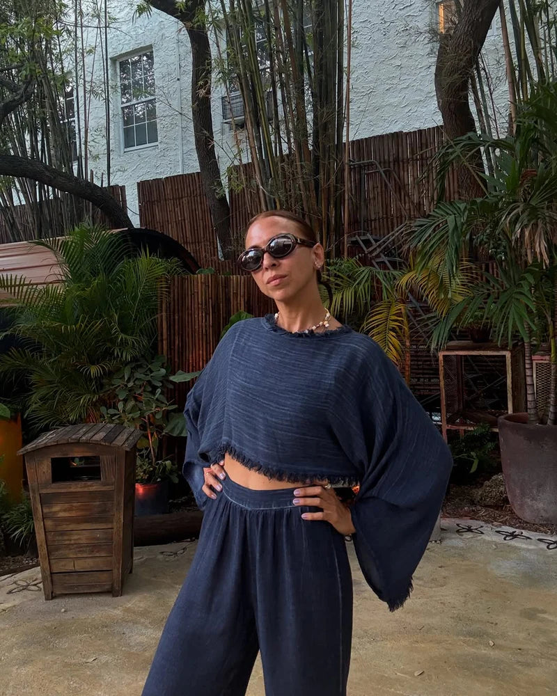 Linen Navy Crop Blouse